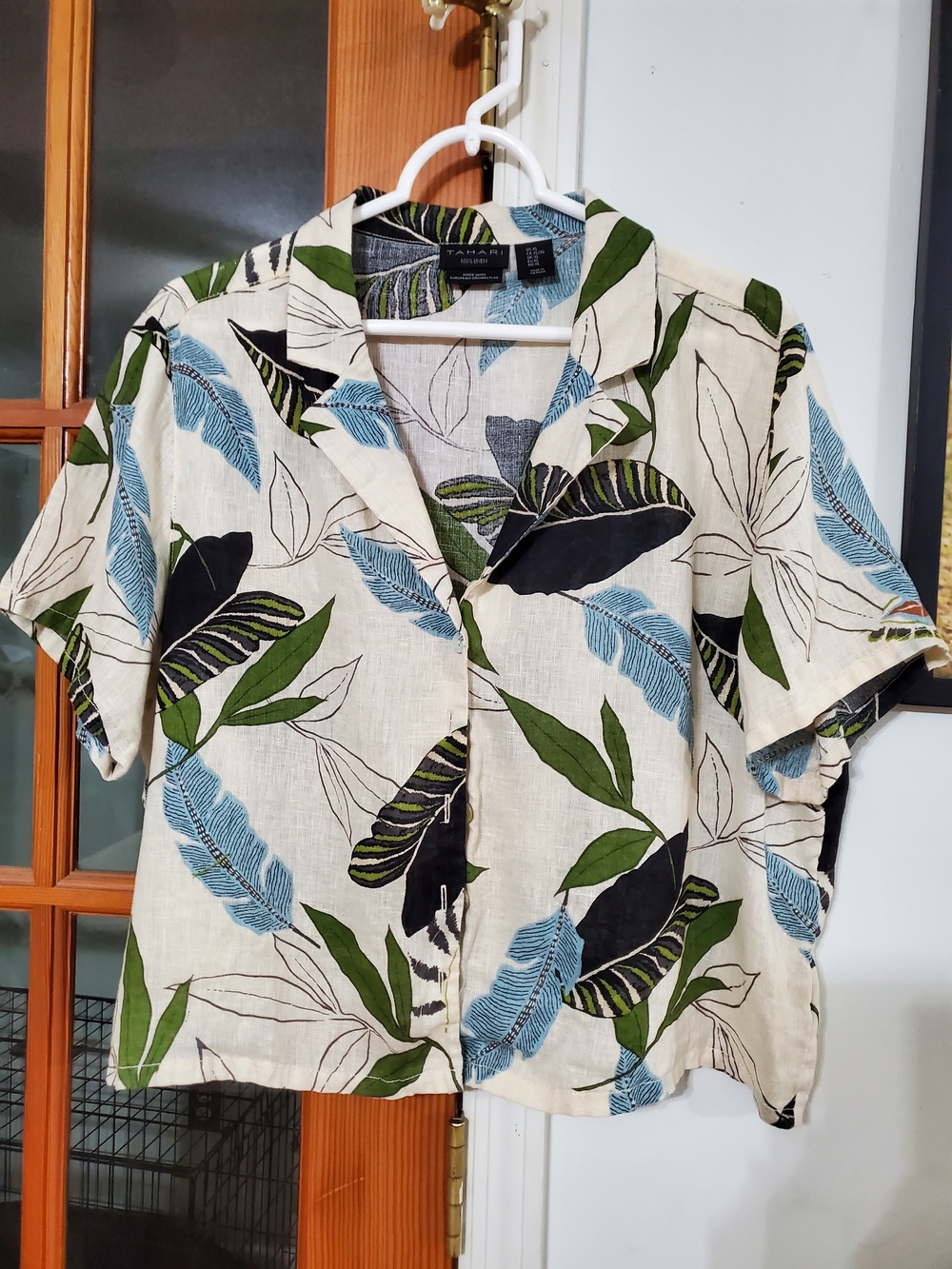 Tahari 100% Linen Tropical Leaf Button Front Top XL Resort Coastal Boho Chic